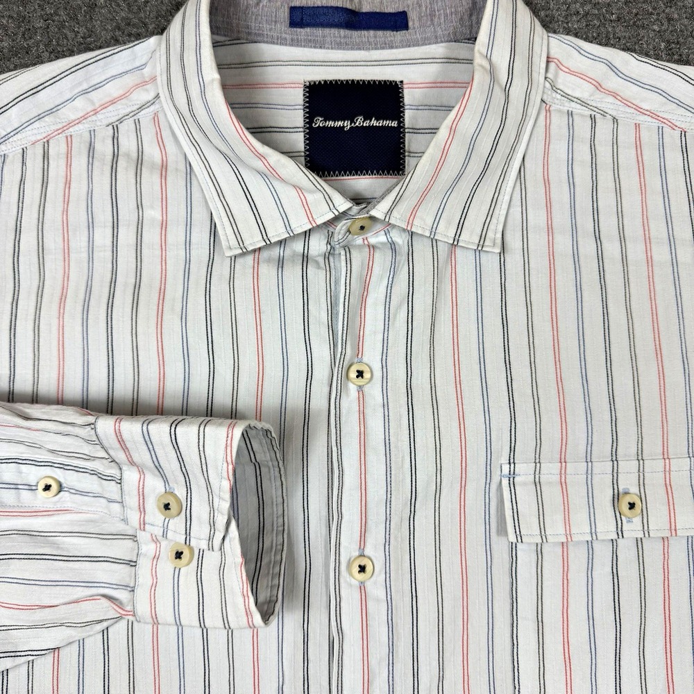 Tommy Bahama Mens XL White Blue Red Striped Cotton Stretch Woven L/S Button Up